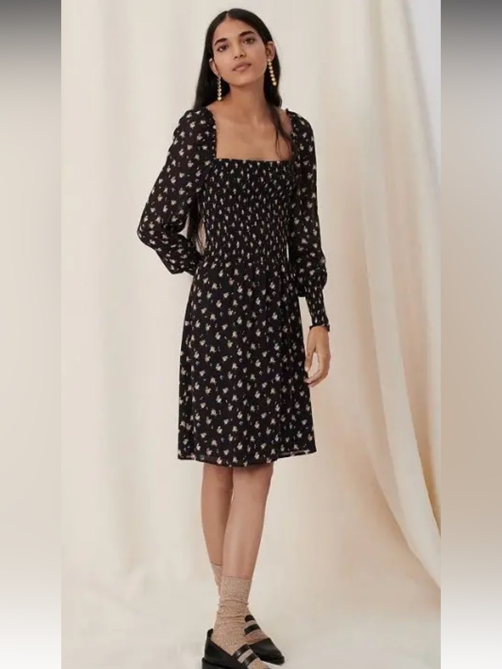 Maje Black Floral Smocked Square-Neck Long Sleeve Dress